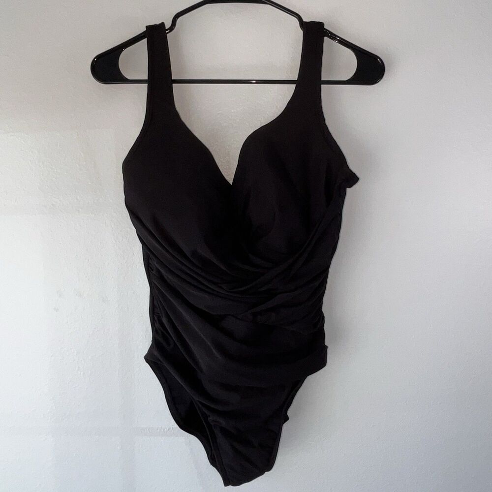 Miraclesuit Black One-Piece Swimsuit 16 Slimming, Ruched Front, Tummy Control